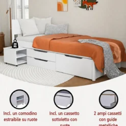 Letto alla Francese 140x200 cm in Legno Bianco con Cassetti Comodino