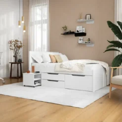 Letto alla Francese 140x200 cm in Legno Bianco con Cassetti Comodino