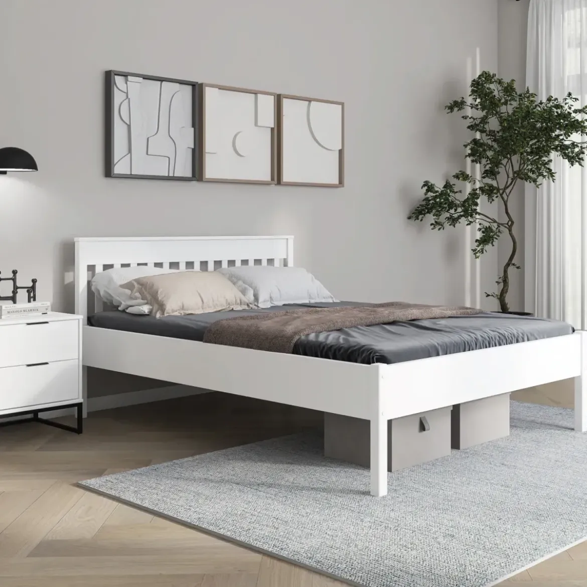 Letto alla Francese 140x200 cm in Pino Massello Bianco con Testiera