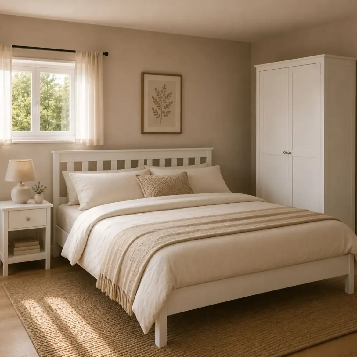 Letto alla Francese 140x200 cm in Pino Massello Bianco con Testiera