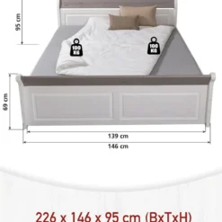Letto alla Francese 140x200 cm Legno Bianco Grigio Cenere con Cassetto