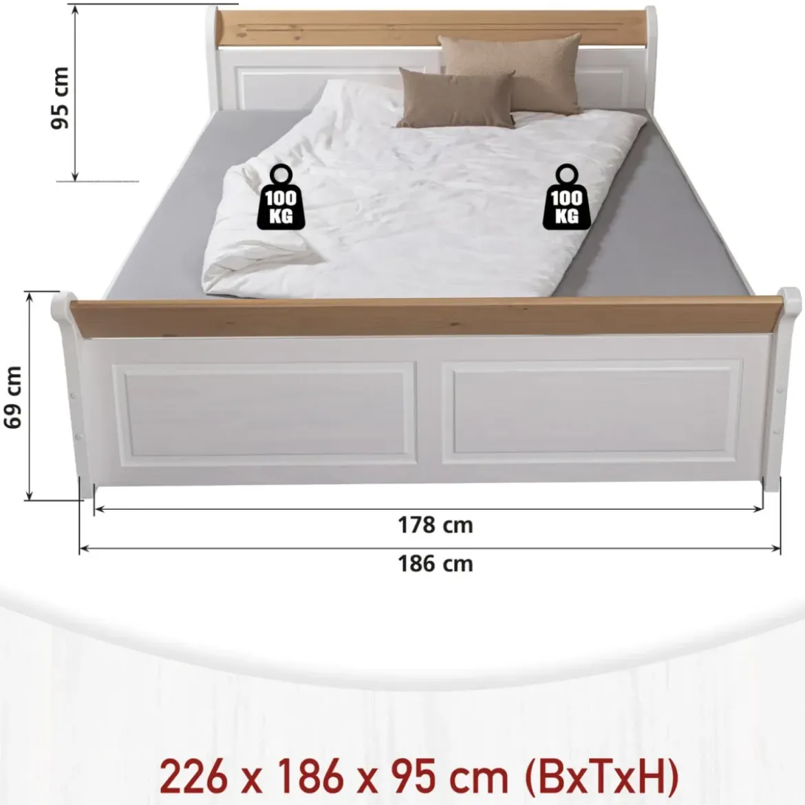 Letto alla Francese 180x200 Pino Massello Bianco Rovere con Cassetto