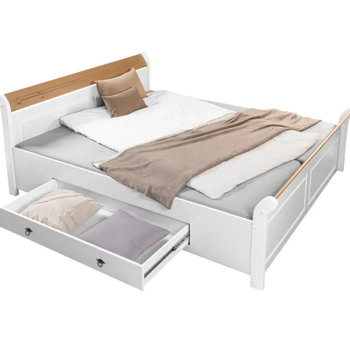 Letto alla Francese 180x200 Pino Massello Bianco Rovere con Cassetto
