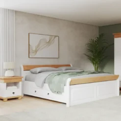 Letto alla Francese 180x200 Pino Massello Bianco Rovere con Cassetto