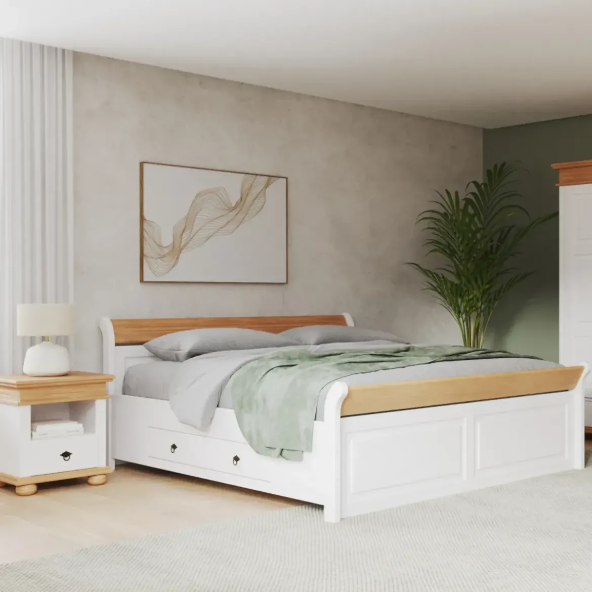 Letto alla Francese 180x200 Pino Massello Bianco Rovere con Cassetto