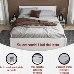 Letto Matrimoniale 180x200 cm in Pino Bianco con Cassetti Comodini