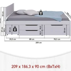 Letto Matrimoniale 180x200 cm in Pino Bianco con Cassetti Comodini