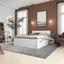 Letto Matrimoniale 180x200 cm in Pino Bianco con Cassetti Comodini