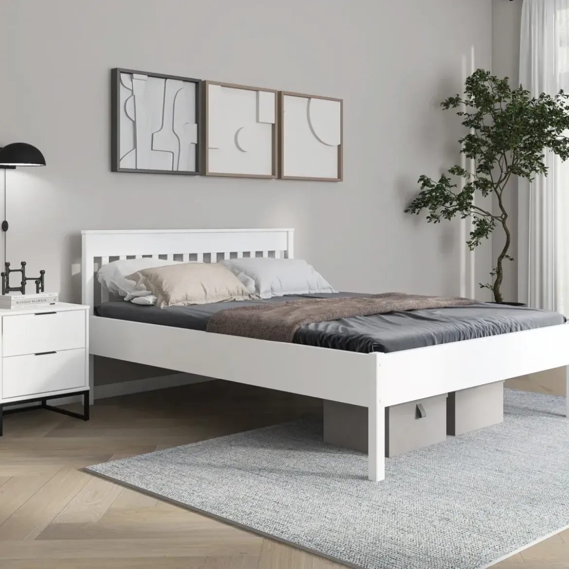 Letto Matrimoniale 180x200 cm in Pino Massello Bianco con Testiera