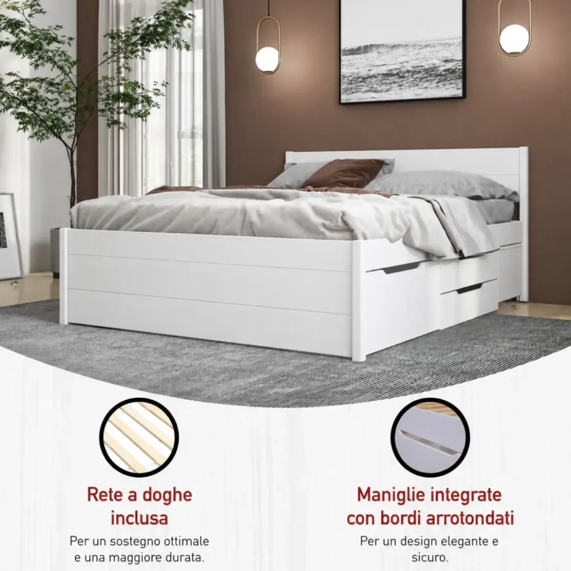 Letto Matrimoniale 160x200 cm Legno Bianco con Rete Cassetti Comodini