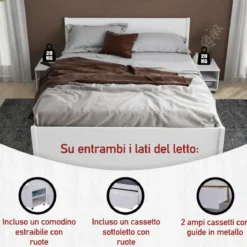 Letto Matrimoniale 160x200 cm Legno Bianco con Rete Cassetti Comodini