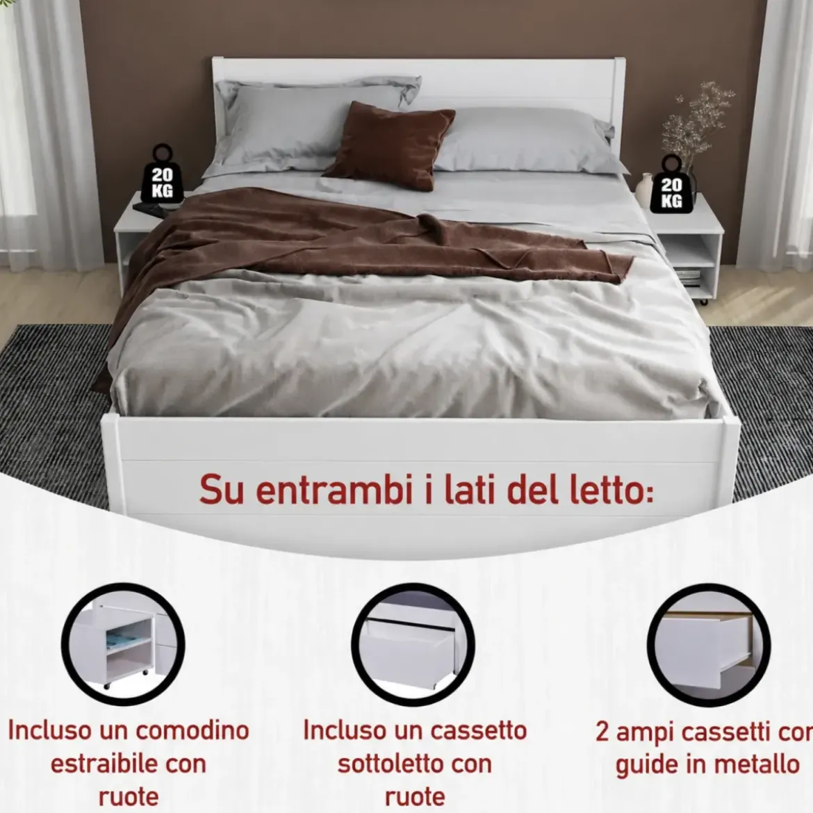 Letto Matrimoniale 160x200 cm Legno Bianco con Rete Cassetti Comodini