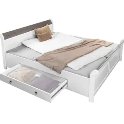 Letto Matrimoniale 180x200 cm Legno Bianco Grigio Cenere con Cassetto
