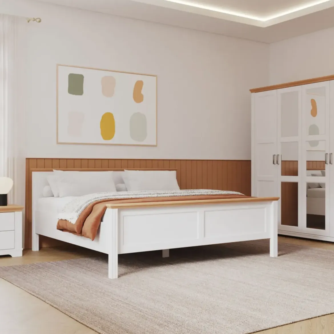 Letto Matrimoniale 180x200 cm Pino Massello Bianco Rovere con Testiera