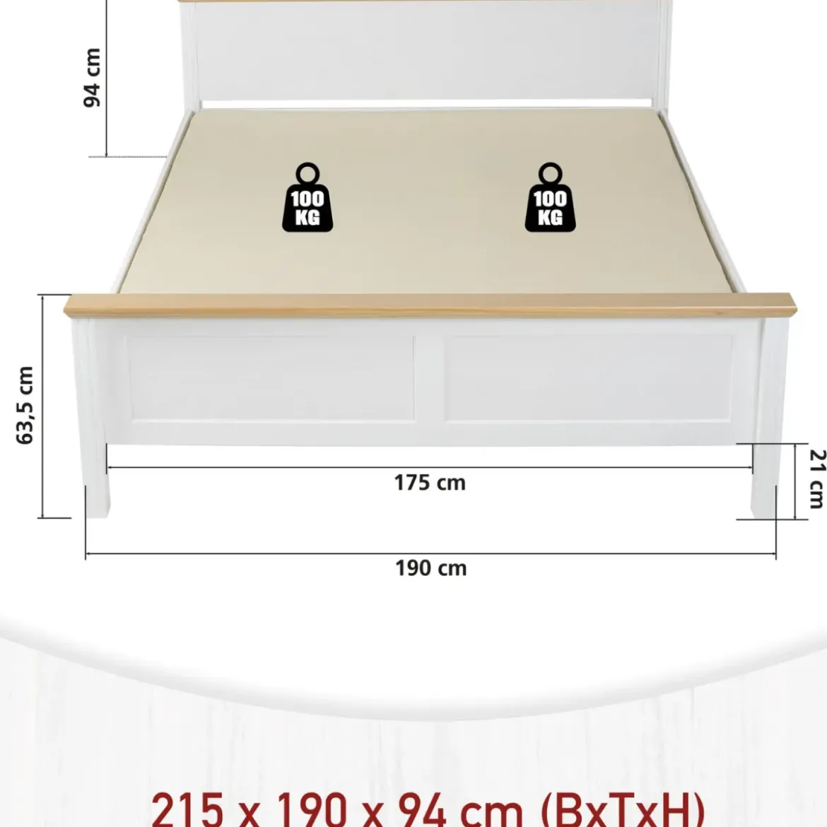 Letto Matrimoniale 180x200 cm Pino Massello Bianco Rovere con Testiera