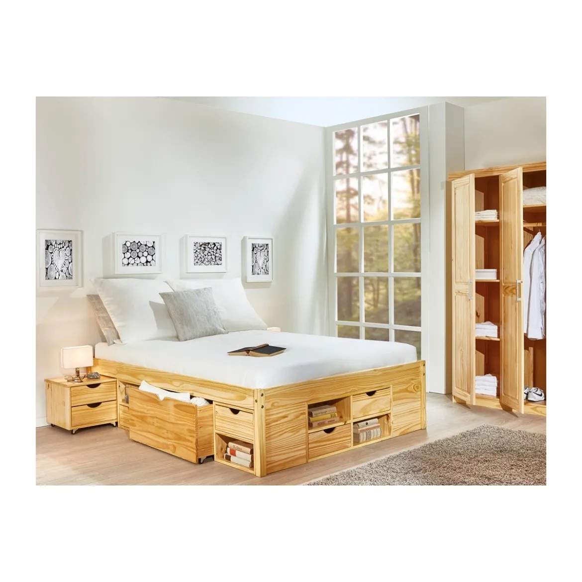 Letto Matrimoniale 180x200 con Cassetti Comodini Rete a Doghe 2 Piazze Camera