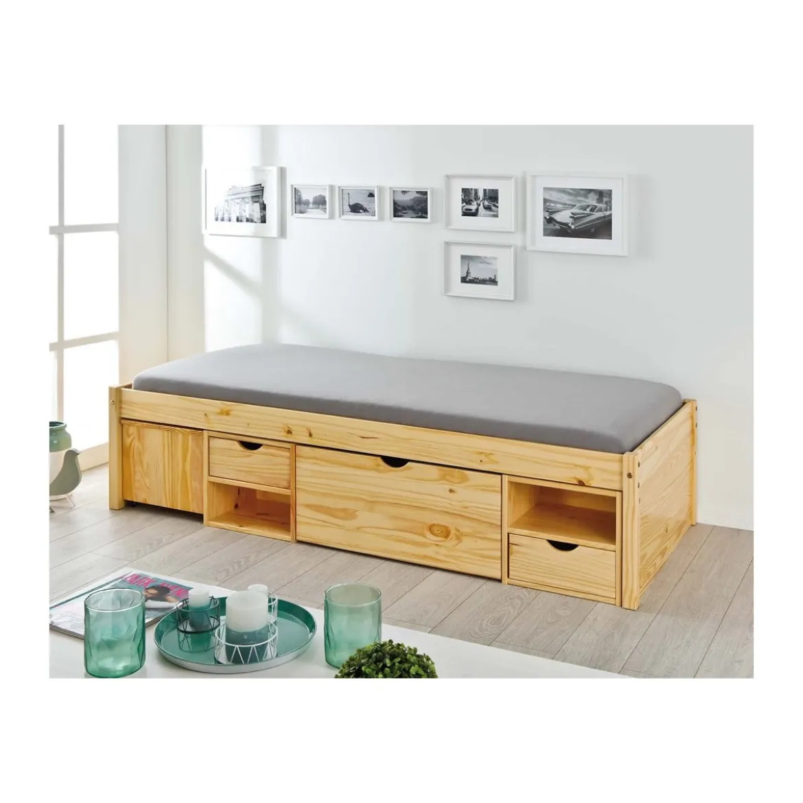 Letto Singolo a Doghe 90x200 Legno Pino con Cassetti Comodino Camera Cassettone