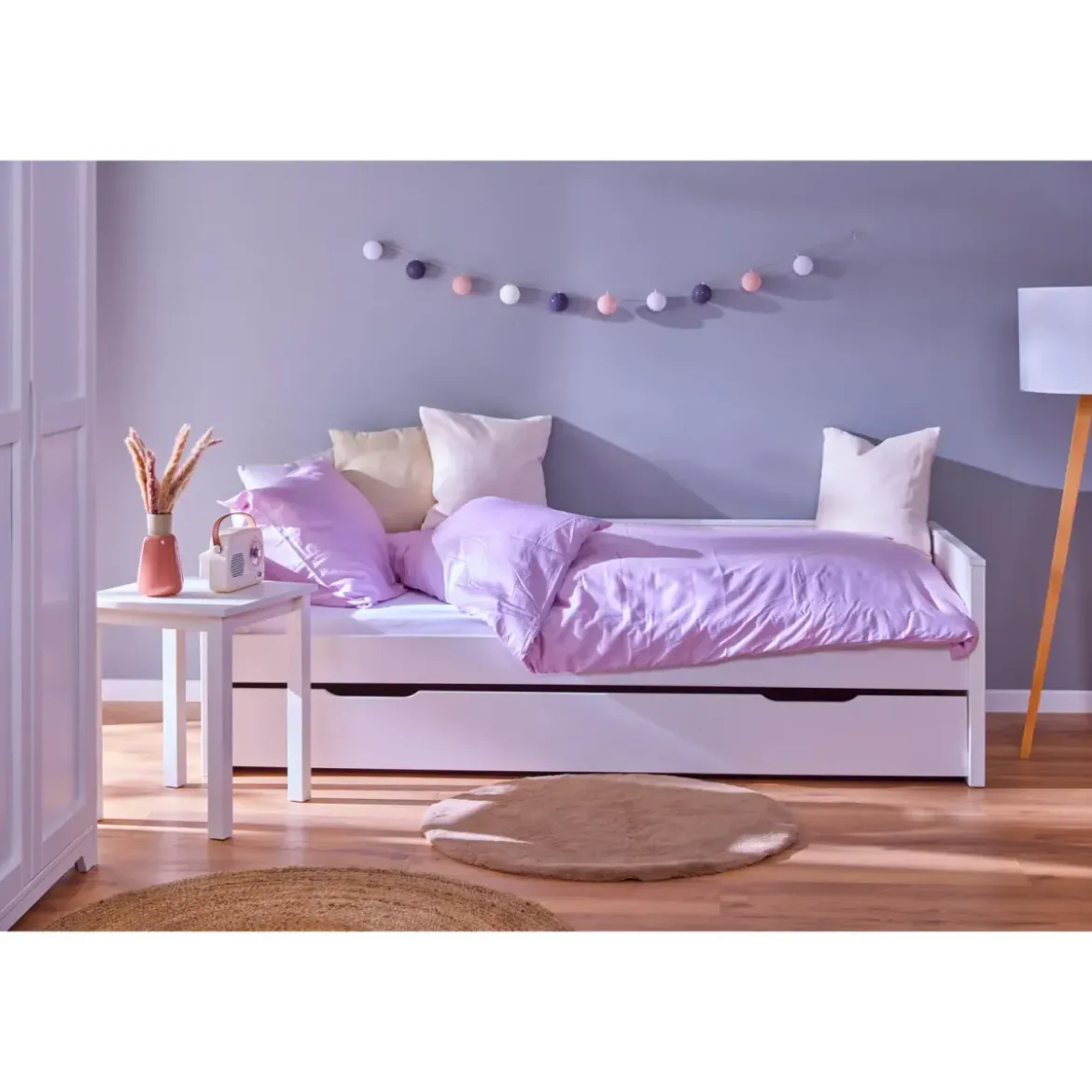 Letto Singolo Bianco con Cassettone Contenitore Estraibile da Cameretta