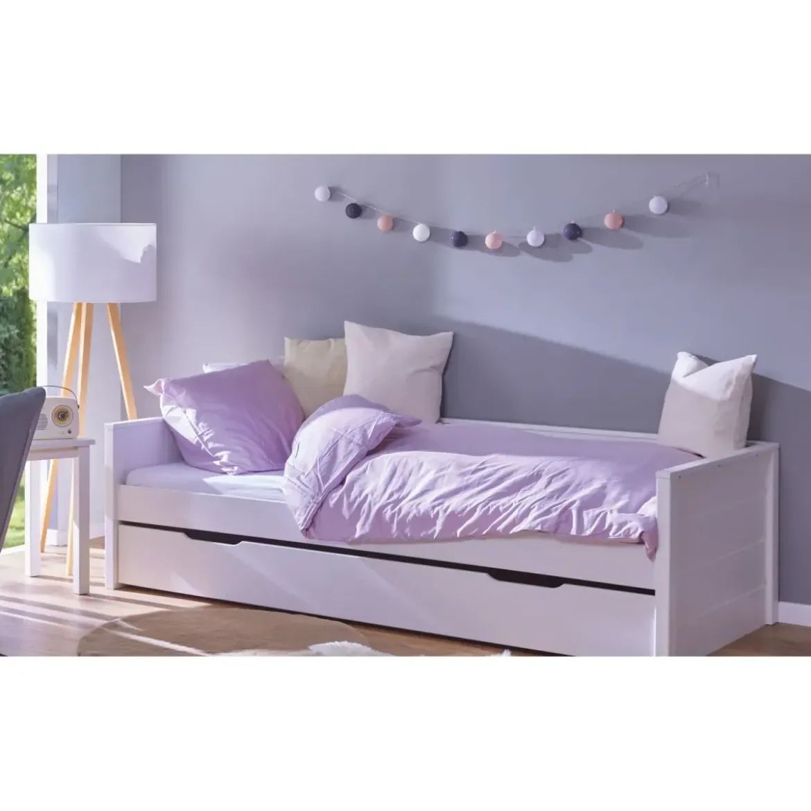 Letto Singolo Bianco con Cassettone Contenitore Estraibile da Cameretta