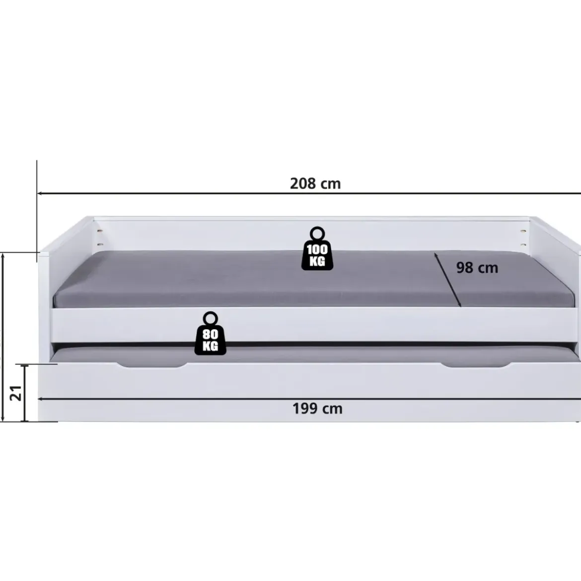 Letto Singolo Bianco con Cassettone Contenitore Estraibile da Cameretta