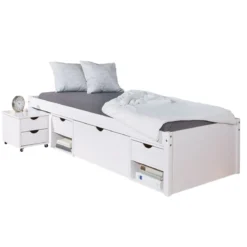 Letto Singolo Bianco 90x200 con Cassetti Comodino a Doghe in Legno