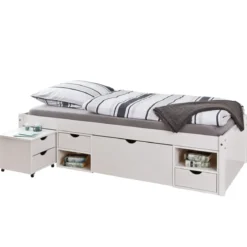 Letto Singolo Bianco 90x200 con Cassetti Comodino a Doghe in Legno