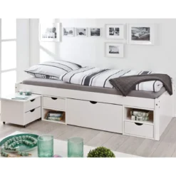Letto Singolo Bianco 90x200 con Cassetti Comodino a Doghe in Legno