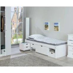 Letto Singolo Bianco 90x200 con Cassetti Comodino a Doghe in Legno