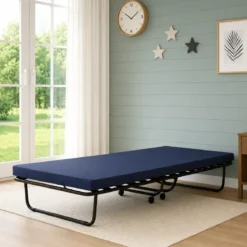 Letto Singolo Pieghevole in Acciaio con Materasso 80x190 cm con Ruote
