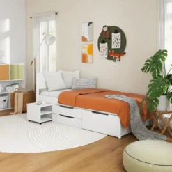 Letto Singolo 90x200 cm in Legno Bianco Cassetti Comodino Estraibili
