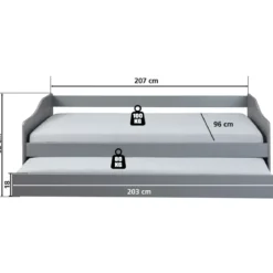 Letto Singolo 90x200 Salvaspazio Struttura Grigio con Cassettone Estraibile