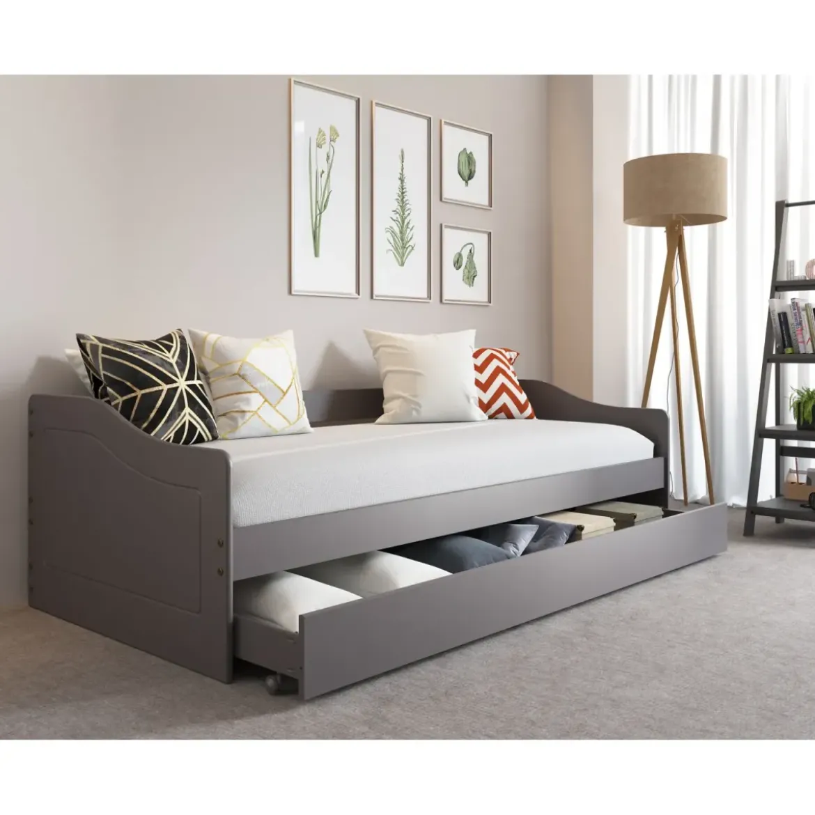 Letto Singolo 90x200 Salvaspazio Struttura Grigio con Cassettone Estraibile