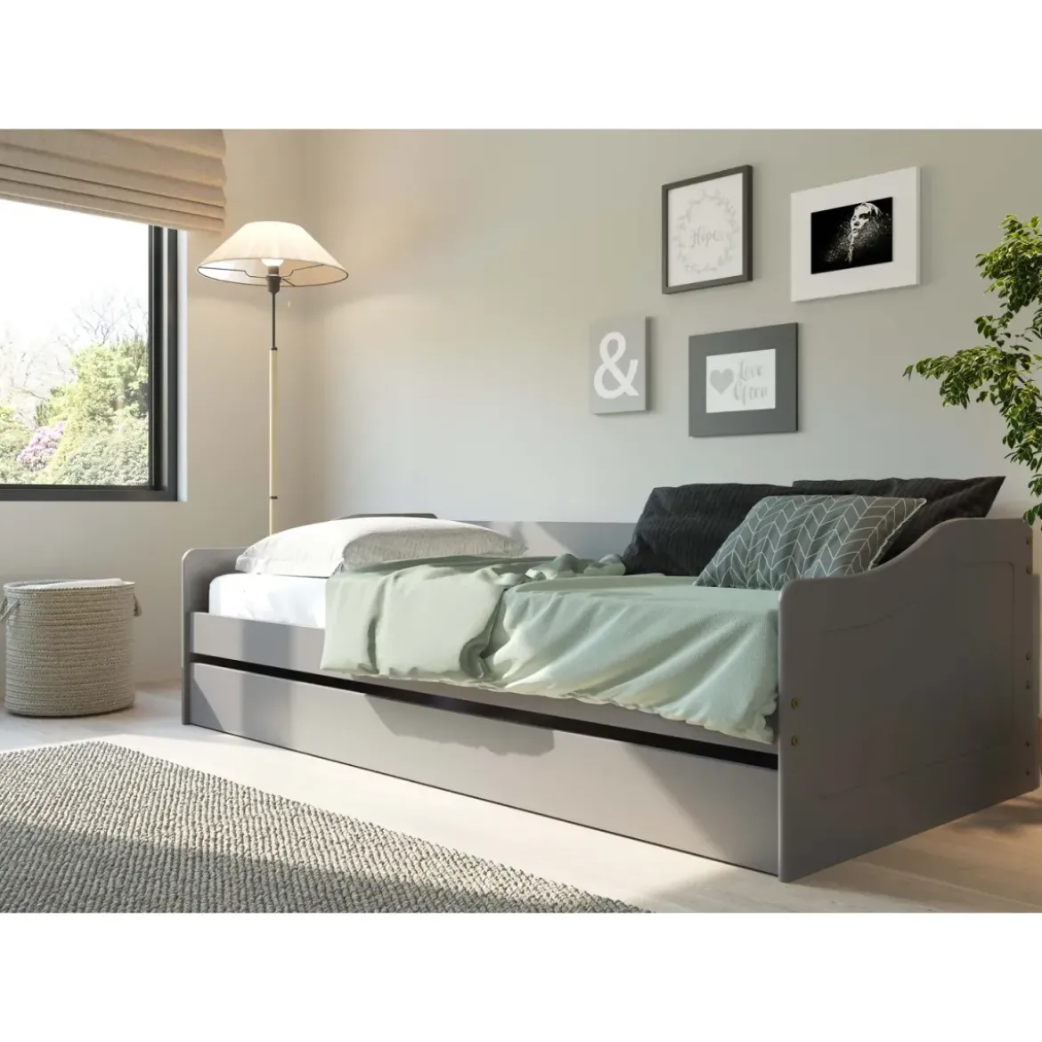 Letto Singolo 90x200 Salvaspazio Struttura Grigio con Cassettone Estraibile