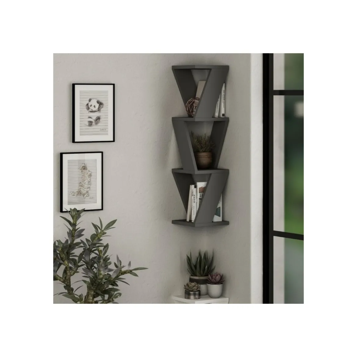 Libreria a Muro Angolare in Legno Antracite Moderna Design Ufficio da Parete
