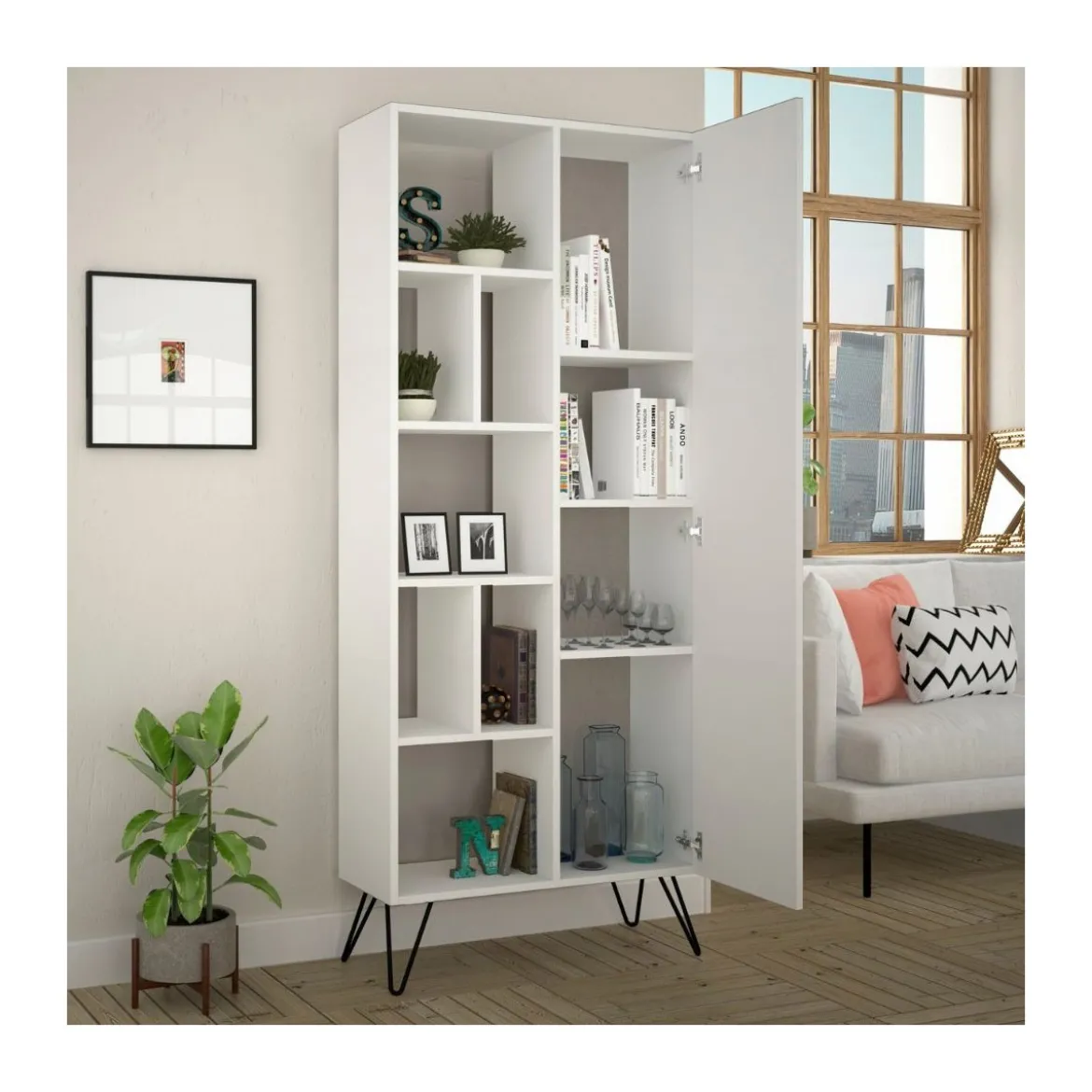 Libreria Bianca Moderna Scaffale Rettangolare con 11 Vani in Legno
