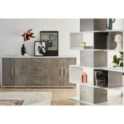 Libreria Modulare Geometrica Cemento Legno Moderna Scaffale a Giorno