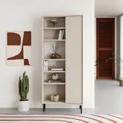 Libreria 6 Ripiani 1 Anta Battente Curva Beige Moderna Salvaspazio