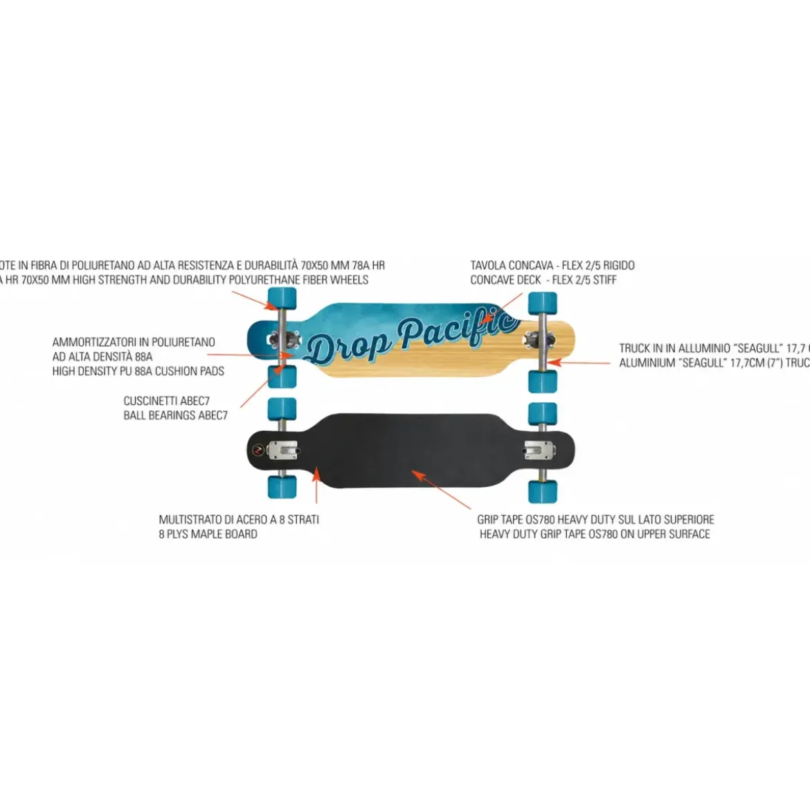 Longboard 97x23 Acero 8 Strati Skateboard Concavo Cuscinetti ABEC 7