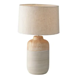 Luce da Tavolo Lampada in Ceramica e Legno con Paralume in Tessuto Bianco