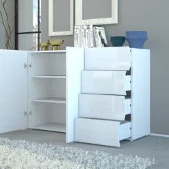 Madia a 2 Ante e 4 Cassetti Credenza in Legno Mobile Bianco da Ingresso