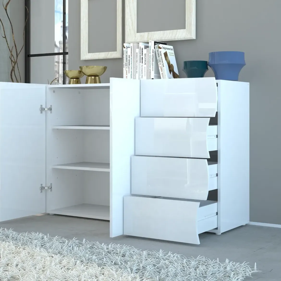 Madia a 2 Ante e 4 Cassetti Credenza in Legno Mobile Bianco da Ingresso