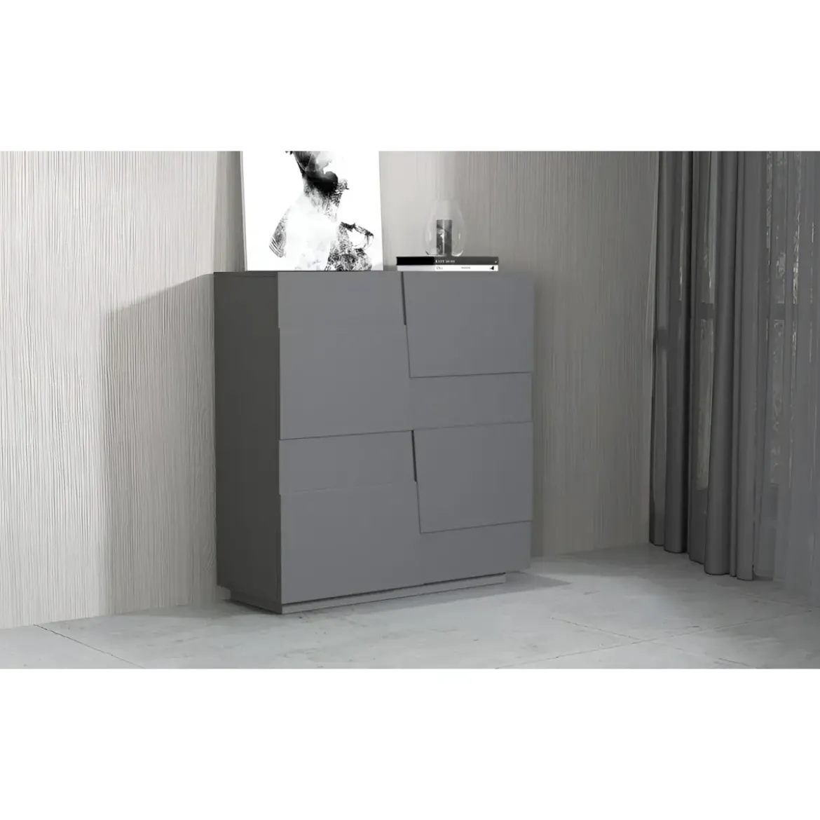 Madia Alta Antracite Opaco Credenza 4 Ante 3 Ripiani Legno Salvaspazio