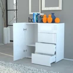Madia Bianco Lucido con 1 Ante e 4 Cassetti Credenza in Legno da Ingresso