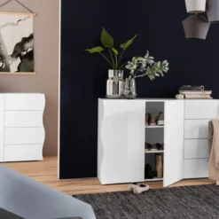 Madia Bianco Lucido con 1 Ante e 4 Cassetti Credenza in Legno da Ingresso