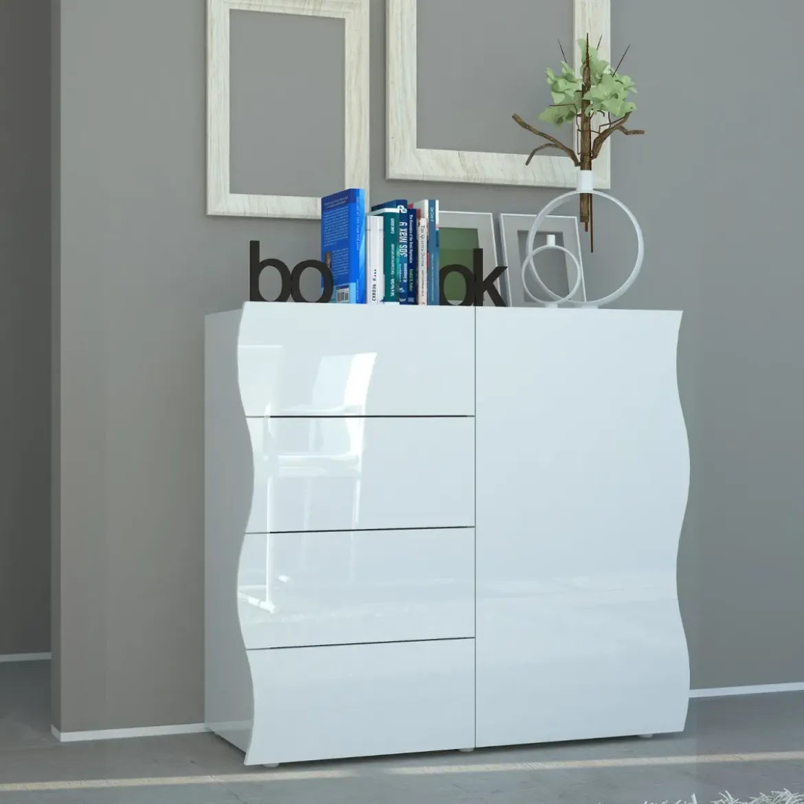 Madia Bianco Lucido con 1 Ante e 4 Cassetti Credenza in Legno da Ingresso