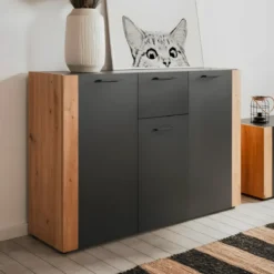 Madia Soggiorno Moderna 3 Ante 1 Cassetto Credenza Rovere Antracite