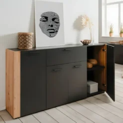 Madia Soggiorno Moderna 4 Ante 1 Cassetto Credenza Rovere Antracite