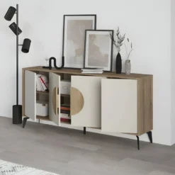 Madia Soggiorno Moderna 180 cm 4 Ante Beige Struttura Noce Piedini