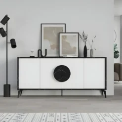 Madia Soggiorno Moderna 180 cm 4 Ante Bianco Nero Effetto Marmo Moderno