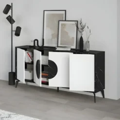 Madia Soggiorno Moderna 180 cm 4 Ante Bianco Nero Effetto Marmo Moderno